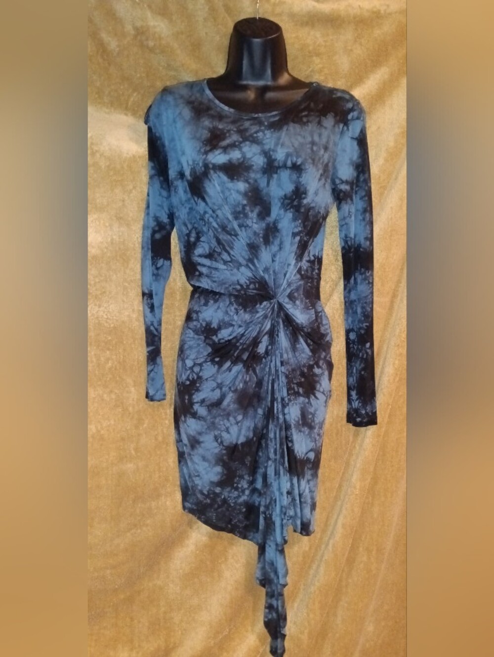 YFB XS Tie-Dye Stretch Navy Blue Long-Sleeve Knot Front Dress